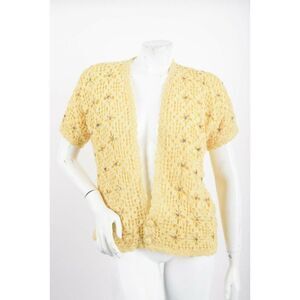 Cyn Les Vintage 60s Womens Sweater Top Shirt Sz 40 L Yellow Crochet Sequins Wool